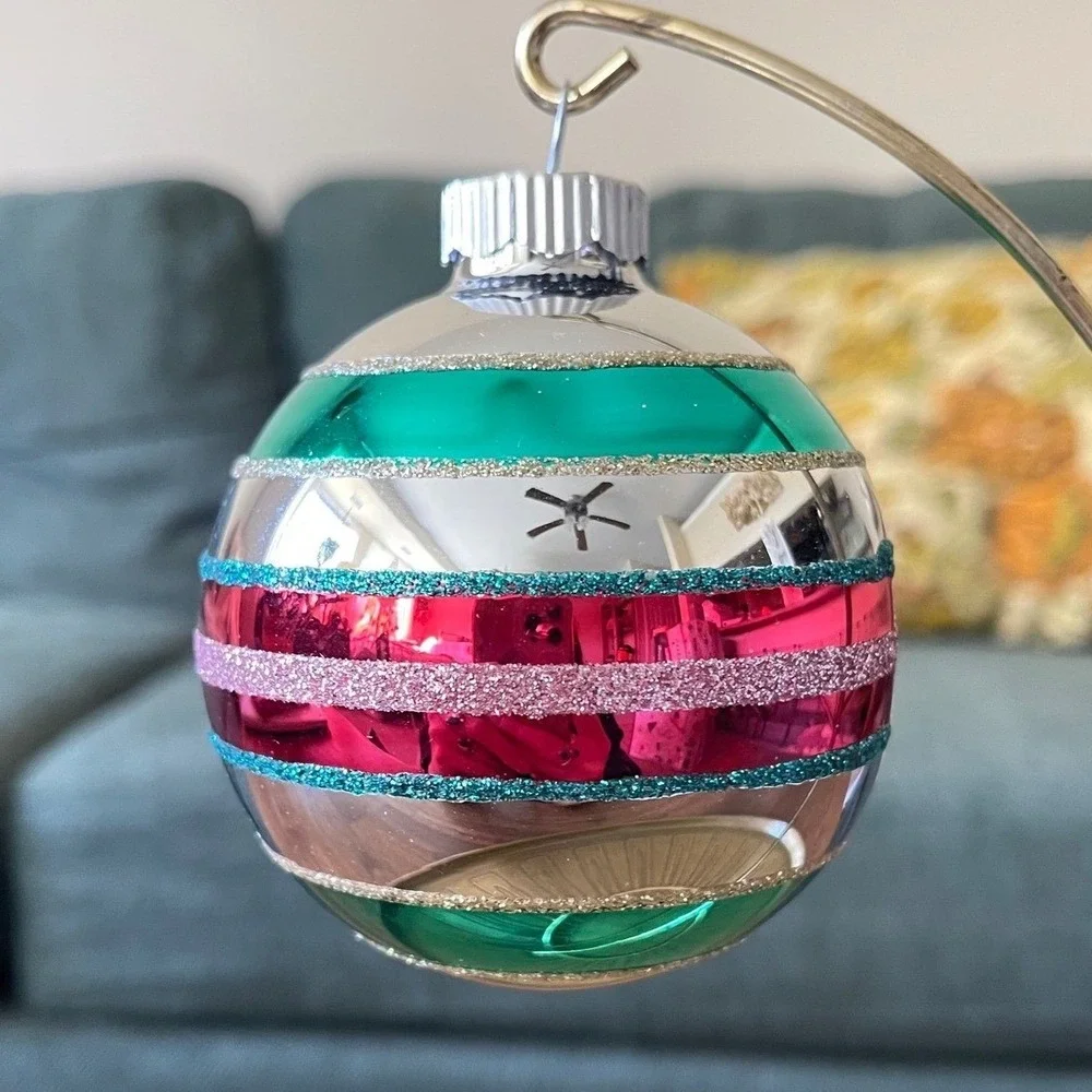 Radko‎ Shiny Brite Glitter Striped Ornament Indent Ball Pink Teal blue Silver XL